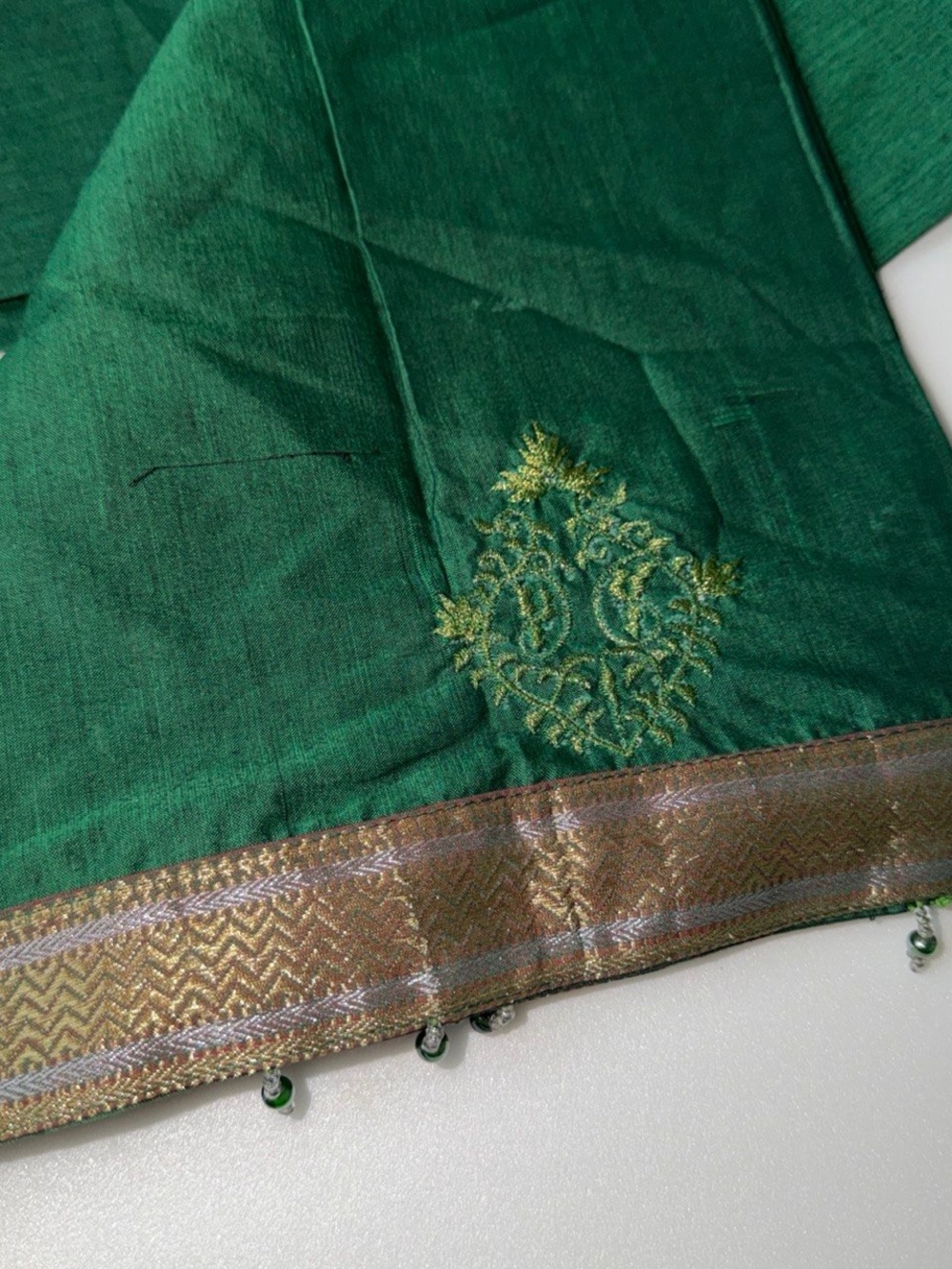 Emerald Green Embroidered Sari Border with Gold Trim